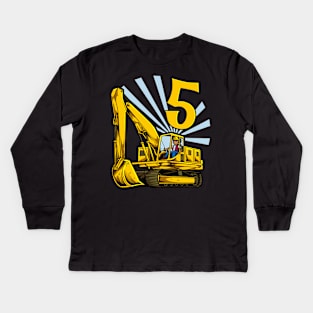 Excavator 5 year old birthday Kids Long Sleeve T-Shirt